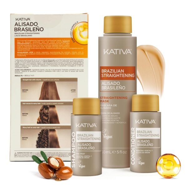 Kativa Brazilian Straightening Kit, 12 Weeks of Home Use Professional Straightening, with Organic Argan Oil, Shea Butter, Keratin & Amino Acids, for Straighter, Softer and Shinier Hair, All Hair Types