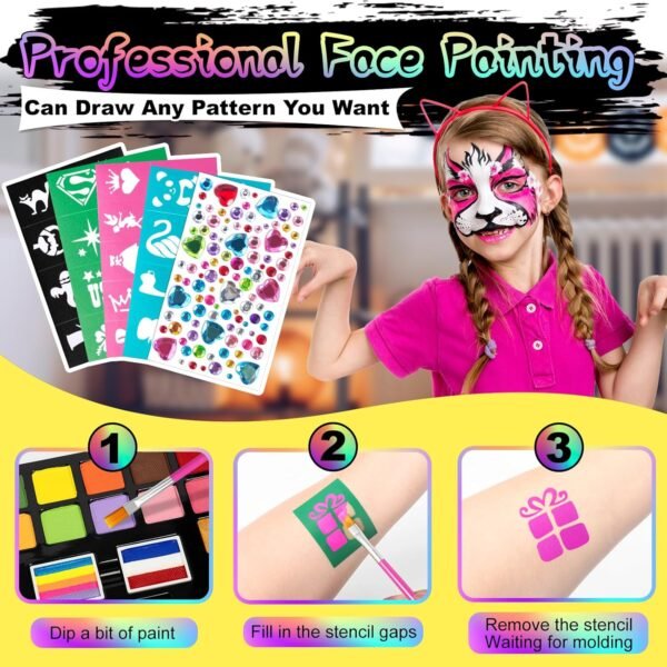 Face Painting Kit for Kids, 24 Colors Washable Face Paint, Safe for Sensitive Skin, Non-Toxic Professional Face Painting Kit, Halloween Birthdays Makeup Set with Stencils, Guide Book