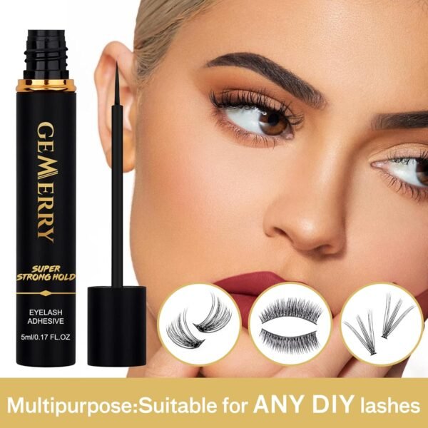 GEMERRY False Lash Glue - Super Strong Hold Black Non-Irritating Waterproof Eyelash Adhesive for Any DIY Strip Lashes - 5ml 0.17oz
