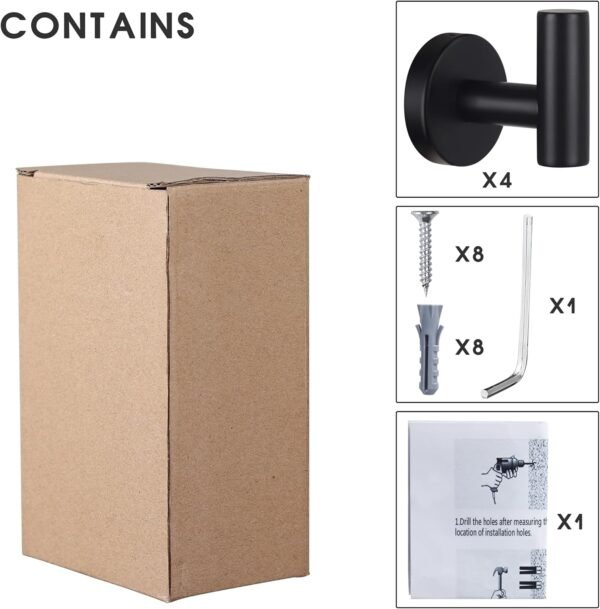 Towel Hooks Bathroom Coat Robe Wall Hook Stainless Steel Heavy Duty Door Hanger Towel Robe Clothes Cabinet Closet Sponges Rack for Bathroom Bedroom Kitchen Hotel Pool 4 Packs Matte Black