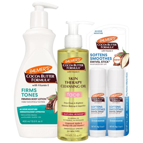 81KU92fjSkL._SL1500_.jpg Nina Pool’s Top Palmer’s Picks (Set of 3): Skin Firming Cocoa Butter Body Lotion (13.5 oz), Skin Therapy Cleansing Facial Oil (6.5 fl. oz) & Moisturizing Swivel Lip Balm Stick (2 x 0.5 oz)