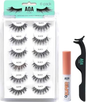 AOA Studio 6 Pairs Alexis Natural Handmade False Eyelashes with Glue and Tweezer Lash Kit Natural Volume Reusable Fake Eyelashes 100 Percent Handmade Cruelty Free