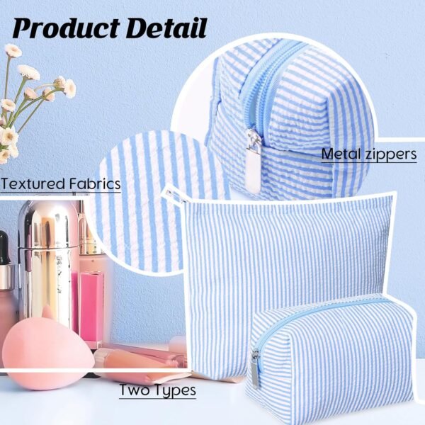 2 Pieces Makeup Bag Set Cute Cosmetic Pouch for Women Seersucker Travel Toiletry Bag Preppy Small Makeup Purse Pouch Aesthetic Skincare Brushes Storage Organizer for Women(Blue)