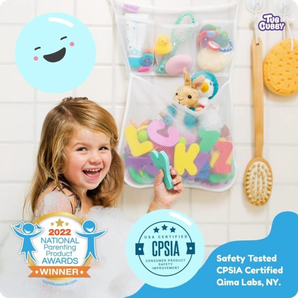 Original Tub Cubby Bath Toy Storage Organizer - 14"x20" Mesh Shower Caddy With Suction Cup & Adhesive Hooks, Toy Storage Net Organizer for Kids Bathroom Decor, Bedroom & More - with Extra Hooks