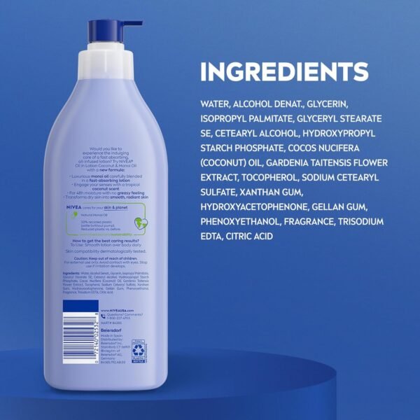 NIVEA Oil Infused Lotion Coconut and Monoi Oil Body Lotion for Women, Fast-Absorbing and Non-Greasy Coconut Scented Lotion Moisturizes for 48 Hours, 16.9 Fl Oz Pump Bottle