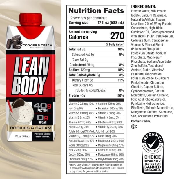 Lean Body Ready-to-Drink Cookies and Cream Protein Shake, 40g Protein, Whey Blend , 0 Sugar, Gluten No, 22 Vitamins & Minerals, (Recyclable Carton & Lid - Pack of 12) LABRADA , 17 Fl Oz (Pack of 12)