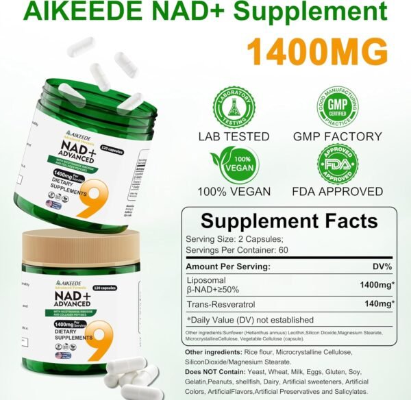 NAD Supplements,Liposomal NAD+ with Resveratrol,1400mg Per Serving,120 Capsules,Supplements for Anti-Aging,Skin Repair,Fatigue Relief,Immunity Enhancement and Antioxidant