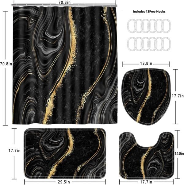 Nkzply 4 Pcs Black Marble Shower Curtain Sets with Rugs Gold Bathroom Sets with Shower Curtain and Rugs Modern Abstract Bathroom Decor Accessories Shower Curtains for Bathroom Toilet Lid Cover