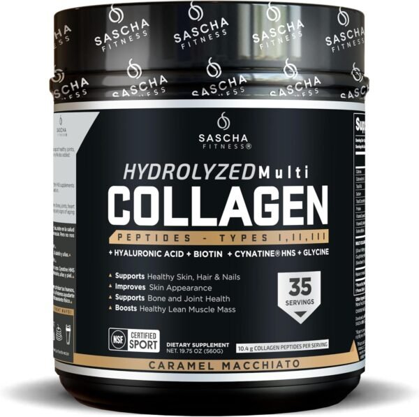 81MqfpHfaIL._AC_SL1500_.jpg SASCHA FITNESS Hydrolyzed Multi Collagen Peptides Tipes 1,2 & 3 |Hyaluronic Acid|Biotin |Cynatine HSN|Vitamin C & E |for Hairs, Skin & Bone Support|Caramel Macchiato