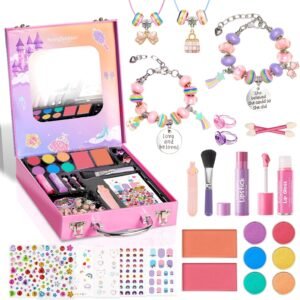 Kids Makeup & Jewelry Kit for Girls - Washable Real Cosmetics Set with Bracelet-Making for Children Toddler, Princess Dress-Up Toy, Ideal Winter Birthday Gift for 4-12 Year Olds (Pink)