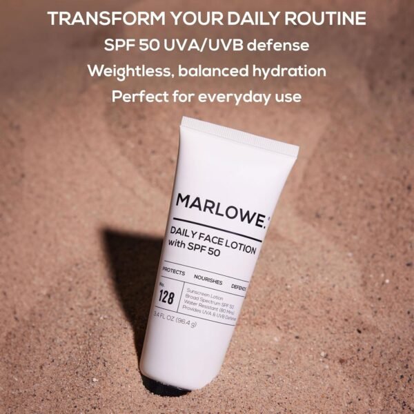 MARLOWE. No. 128 Men's Facial Lotion with Sunscreen SPF 50, 3.4 oz, Oil-Free, Lightweight Daily Face Moisturizer for Men, Includes Natural Extracts to Hydrate, Nourish & Soothe