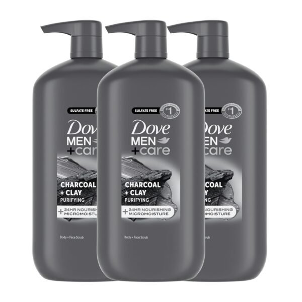 DOVE MEN + CARE Purifying Body & Face Wash 3 Count Charcoal Clay with 24-Hour Nourishing Micromoisture Technology 30 oz