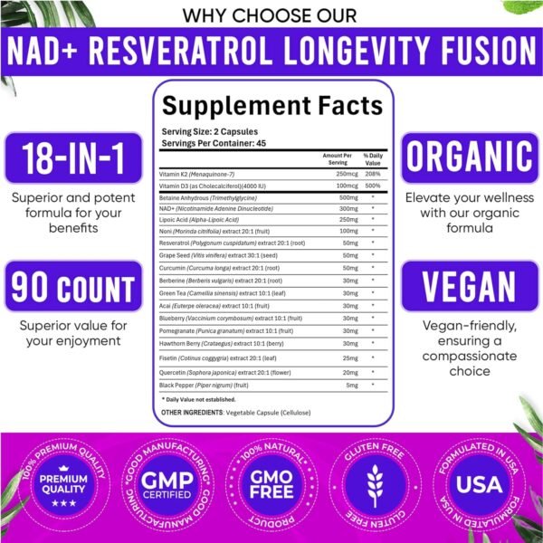 NAD Supplement. Longevity Formula with Liposomal NAD+, Trans Resveratrol, Quercetin, Berberine, Betaine Anhydrous, Grape Seed, Fisetin. NAD Resveratrol Supplement with Berberine 90 Capsules.
