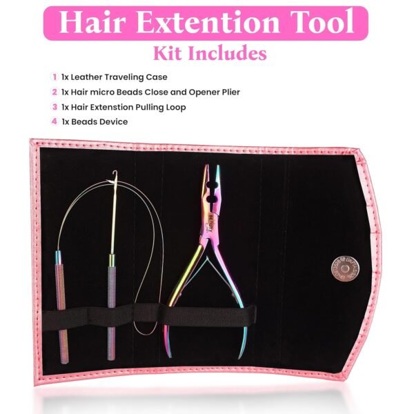 81Nv9emVUL._SL1500_.jpg Beauty & Crafts Micro Links Hair Extensions Kit- Stainless Steel Beads Plier, Hair Extensions Loop Needle Pulling Hook, Bead Device Tool for Hair or Feather Extensions with Leather Pouch (Rainbow)