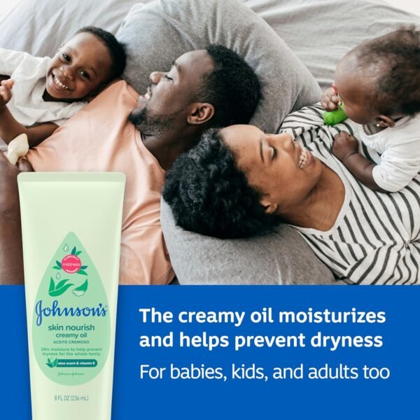 Johnson's Skin Nourish Creamy Oil, Aloe Scent & Vitamin E, Creamy Oil Helps Prevent Dryness & Moisturizes Baby's Delicate Skin for 24 Hours, Hypoallergenic & Non-Greasy, 8 fl. oz