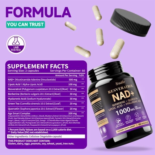 NAD Supplement, Liposomal NAD Resveratrol Supplement Contains Berberine , Alpha Lipoic Acid ,Hyaluronic Acid & Quercetin - Support Anti-Aging, Longevity, Cellular Energy, NMN Alternative -120 Capsules