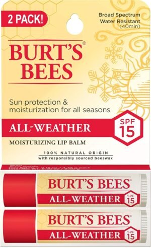 81OVifaBvUS._SL1500_.jpg Burt's Bees All Weather SPF 15 Lip Balm, Water-Resistant Lip Moisturizer, Tint-Free, Natural Conditioning Treatment, 2 Tubes, 0.15 oz.