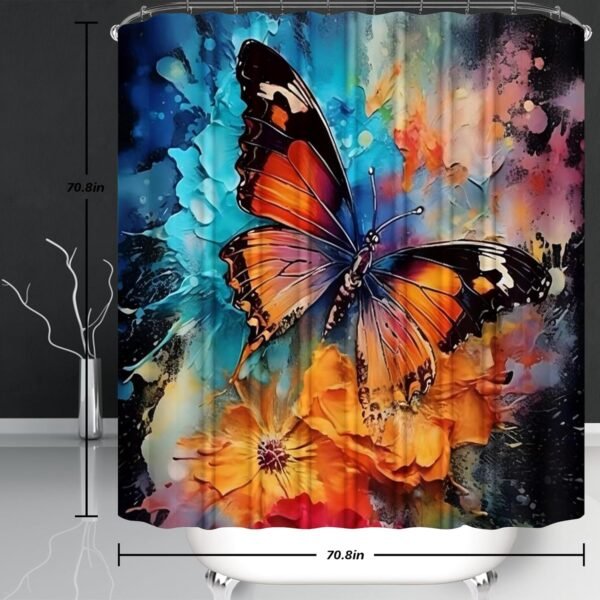 4 Pcs Flower Butterfly Shower Curtain Set with Non-Slip Rug, Toilet Lid Cover and Mat, Colorful Butterfly Shower Curtain with 12 Hooks,Waterproof Fabric Bath Curtain for Bathroom Decor
