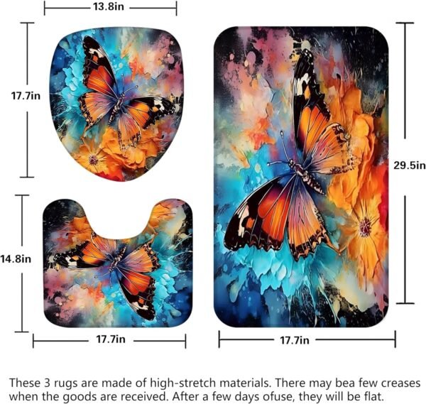 4 Pcs Flower Butterfly Shower Curtain Set with Non-Slip Rug, Toilet Lid Cover and Mat, Colorful Butterfly Shower Curtain with 12 Hooks,Waterproof Fabric Bath Curtain for Bathroom Decor