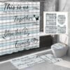 juwute 4Pcs Family Shower Curtain Sets with Non-Slip Rugs, Toilet Lid Cover and Bath Mat, Wood Grain Home Bathroom Decor Set Accessories Waterproof Shower Curtains with 12 Hooks, 72 x 72 Inch