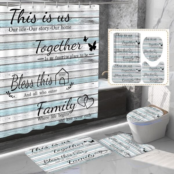 juwute 4Pcs Family Shower Curtain Sets with Non-Slip Rugs, Toilet Lid Cover and Bath Mat, Wood Grain Home Bathroom Decor Set Accessories Waterproof Shower Curtains with 12 Hooks, 72 x 72 Inch