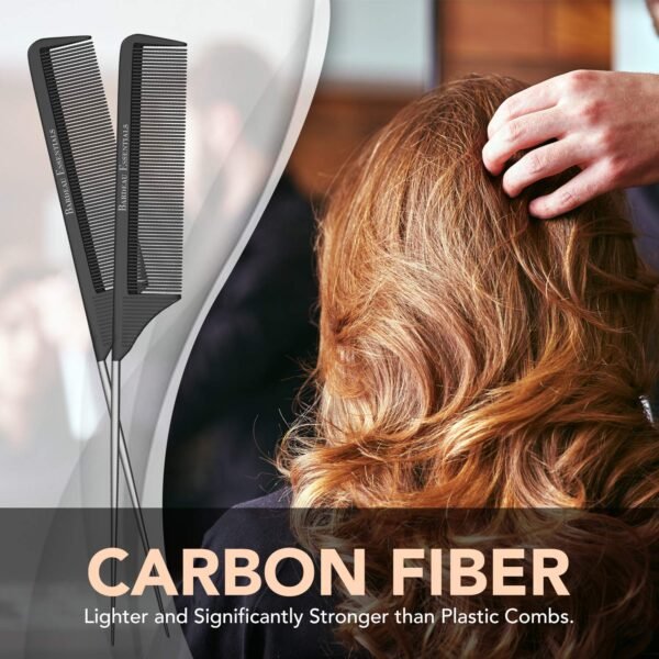 81PnyfOl72L._SL1500_.jpg Professional 8.8 Inch Tail Comb - Black Carbon Fiber And Stainless Steel Pintail - Anti Static And Heat Resistant Teasing Lightweight Comb For All Hair Types