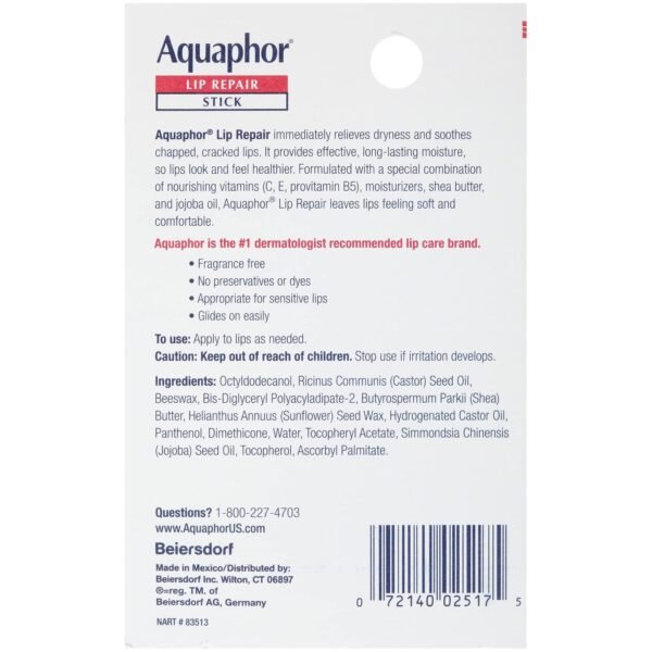 81PrCqyWcL._SL1500_.jpg Aquaphor Lip Balm Set with Jojoba Oil and Shea Butter, Lip Repair Stick (2 x 0.17 Oz) + Repair Stick with Sunscreen SPF 30 (2 x 0.17 Oz), Fragrance Free, Paraben Free, Immediately Relieves Dryness