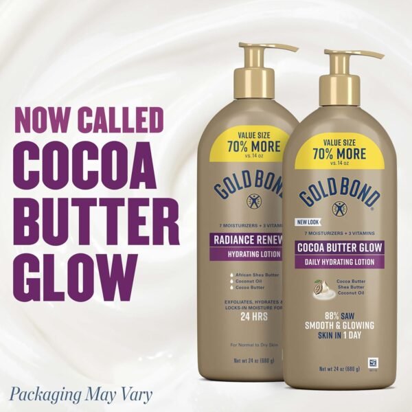 Gold Bond Cocoa Butter Glow Daily Hydrating Lotion with Shea Butter, Cocoa Butter & Coconut Oil, Exfoliating Moisturizer for Dry Skin, 24 oz.