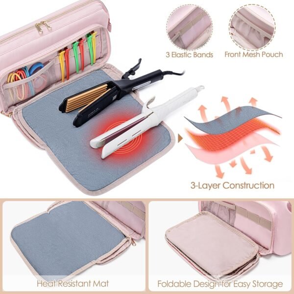 81Q2qGQ4hJL._SL1500_.jpg Fasrom Hair Tools Travel Bag with Heat Resistant Mat for Flat Iron, Curling Iron and Hair Straightener, 2 in 1 Hair Dryer Travel Case to Organize Hair Styling Tools, Pink (Patent Design)