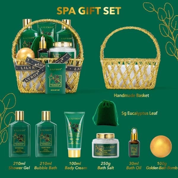 Mothers Day Spa Gift Basket for Women 9 Pieces Premium Eucalyptus Bath & Body Care Kit for Women & Men, Holiday Gift for Christmas, Valentine's Day, Father's Day, Birthday with Shower Gel & More