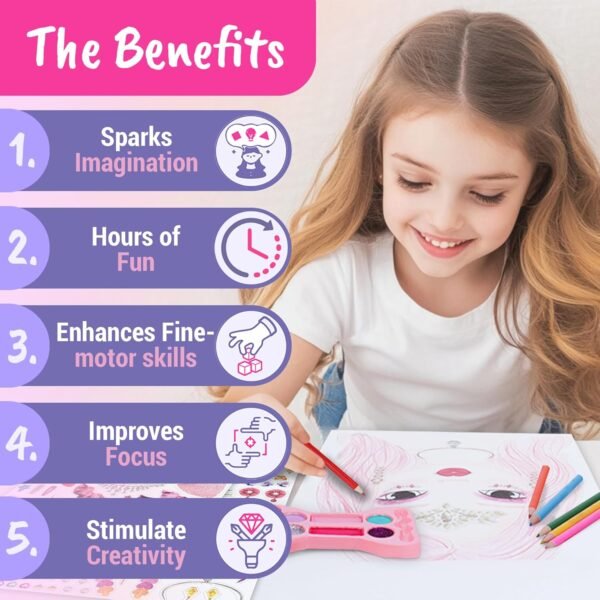 BSCOOL Make-up Artist. 3 in 1 Fun Makeup, Sticker, Coloring Kit, Includes Color Pencils, Makeup Palette, and 200+ Stickers. for Girls Ages 5,6,7,8. Gift for Girls