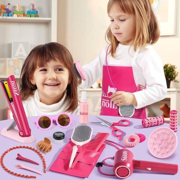 81QOTzuGOVL._AC_SL1500_.jpg G.C Girls Hair Salon Toys Kids Pretend Play Hair Styling Kit with Realistic Blow Dryer Straightener Stylist Apron Scissors Accessories Beauty Makeup Set Birthday Gifts for Toddler Girls 3 4 5 6+