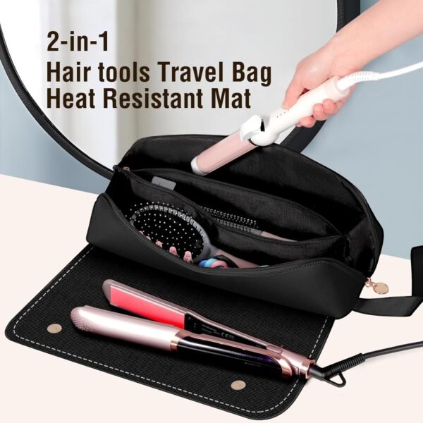 81QPwoJ6yxL._SL1500_.jpg SS Hair Tools Travel Bag and Heat Resistant Mat for Hot Tools, Leather Curling Iron Case, Portable Essentials for Women, Black
