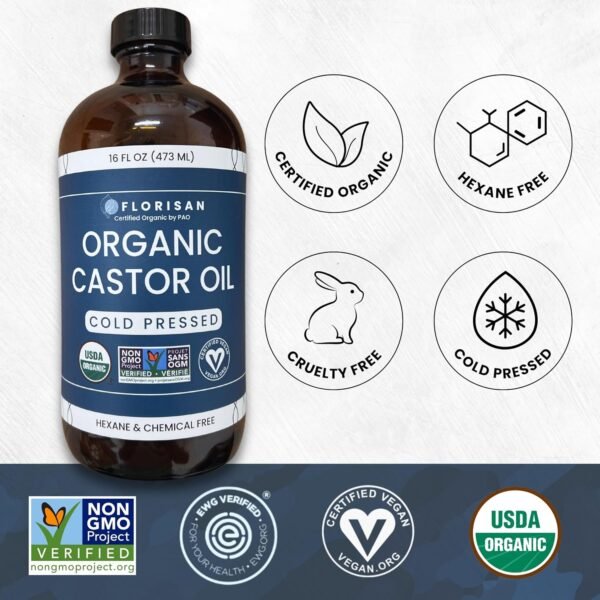 81QTgrxYwrL._SL1500_.jpg Florisan Organic Castor Oil 16oz Glass Bottle, Cold Pressed, Hexane-Free, Non-GMO, 100% Pure Castor Oil for Hair Growth, Skin, Lashes, Eyebrows, EWG Verified & USDA Organic Certified