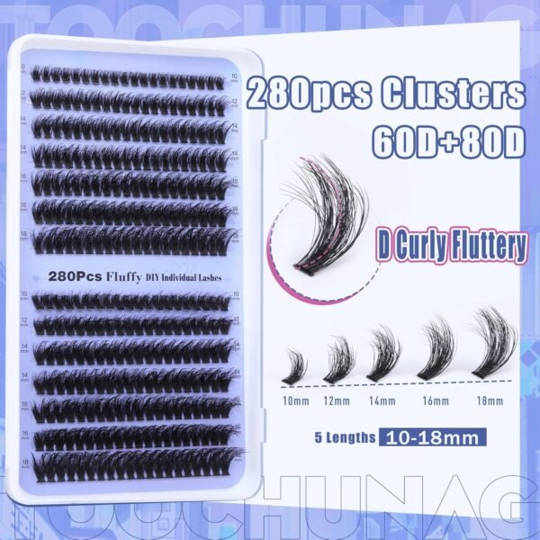 81Qe0TcRfL._SL1500_.jpg Fluff Lash Clusters 60D+80D Thick Eyelash Clusters D Curly Wispy Individual Lashes 10-18mm Cluster Eyelash Extensions 280pcs False Eyelashes DIY Flat Lash Extension by TOOCHUNAG