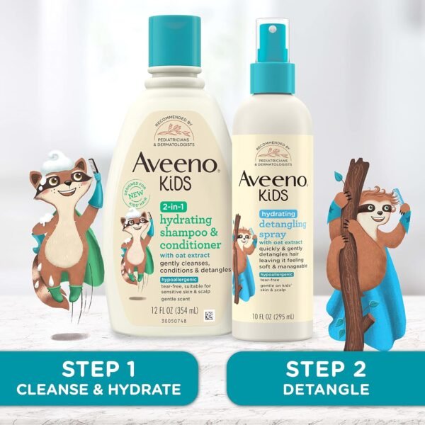 Aveeno Kids Hydrating Detangling Spray with Oat Extract, Quickly & Gently Detangles Kids' Hair, Tear-Free & Suitable for Skin & Scalp, Light Fragrance, Hypoallergenic, 10 fl. oz