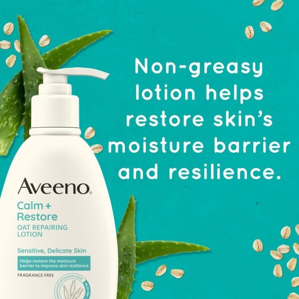 81QoK5gSm5L._SL1500_.jpg Aveeno Calm + Restore Oat Repairing Body Lotion for Sensitive Skin, Daily Moisturizer with Prebiotic Oat, Aloe & Pro-Vitamin B5 Helps Restore Skin's Moisture Barrier, Fragrance Free, 12 oz