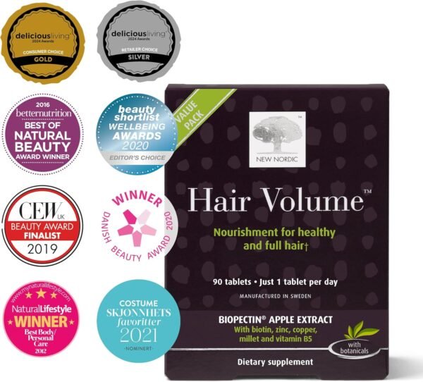 NEW NORDIC Hair Volume Tablets, 3000 mcg Biotin & Biopectin Apple Extract, Hair Vitamins to Support Natural Hair Growth, 90 Count (Pack of 1)
