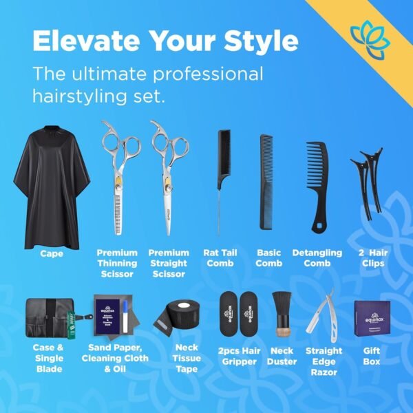 81RCX-SKDcL._SL1500_.jpg Equinox Professional Hair Scissors Set - Pro Barber Kit, Includes Cutting Scissors, Thinning Shears, Straight Razor, 3 Combs, Clips, Grippers - Salon & Barber Supplies, Hair Tools
