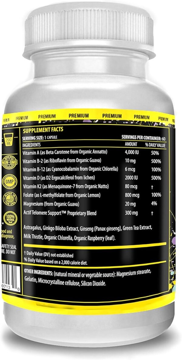ACTIF Telomere Mega Support with 10+ Factors, Non-GMO, Telomerase and DNA Supplement for Energy, Memory and Anti-Aging, Made in USA, 60 Count