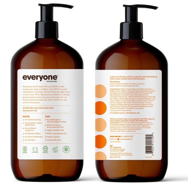 Everyone 3-in-1 Soap, Body Wash, Bubble Bath, Shampoo, 32 Ounce (Pack of 2), Citrus and Mint, Coconut Cleanser with Plant Extracts and Pure Essential Oils
