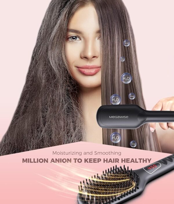 MEGAWISE Pro Ceramic Ionic Hair Straightener Brush for Home Salon | MCH Fast 20s Heating Tech with Auto-Off Safety | Anti-Scald with Universal Dual Voltage | Rotatable Power Cord