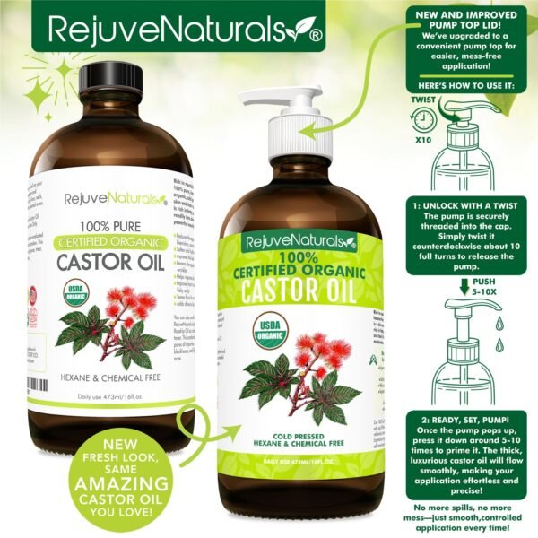 81SIqaq6jfL._SL1500_.jpg RejuveNaturals Castor Oil (16oz Glass Bottle) USDA Certified Organic, 100% Pure, Cold Pressed, Hexane Free. Boost Hair Growth for Thicker, Fuller Hair, Lashes & Eyebrows.