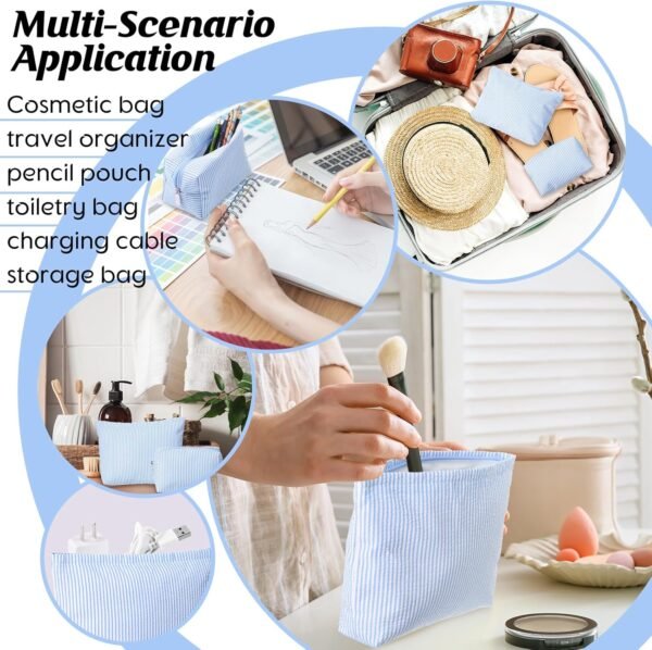 2 Pieces Makeup Bag Set Cute Cosmetic Pouch for Women Seersucker Travel Toiletry Bag Preppy Small Makeup Purse Pouch Aesthetic Skincare Brushes Storage Organizer for Women(Blue)