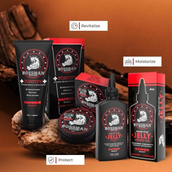 Bossman Essentials Beard Kit - Made in USA - Jelly Beard Oil - Conditioner - Beard Balm - Natural Ingredients (Hammer Scent)