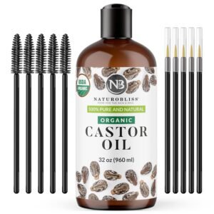 81SNQM6EboL._SL1500_.jpg NaturoBliss Organic Castor Oil 100% Pure and Natural Premium Grade for Hair Growth, Eyelashes and Eyebrows - Carrier Oil - Hair and Body - Expeller-Pressed & Hexane-Free (32 Fl Oz)