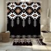 KOMLLEX 4Pcs Black Western Retro Shower Curtain Sets, Bath Mat and Toilet Lid Cover, Boho Southwestern Geometric Abstract Tribal Ethnic Bathroom Decor Set with Rugs and Accessories, 12 Pack Hooks
