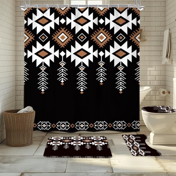 KOMLLEX 4Pcs Black Western Retro Shower Curtain Sets, Bath Mat and Toilet Lid Cover, Boho Southwestern Geometric Abstract Tribal Ethnic Bathroom Decor Set with Rugs and Accessories, 12 Pack Hooks
