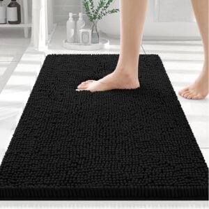 Smiry Luxury Chenille Bathroom Rugs 30x20, Extra Soft and Absorbent Shaggy Bath Mat, Machine Washable, Non-Slip Plush Carpet Runner for Tub, Shower, and Floor, Home Decor Accessories, Black