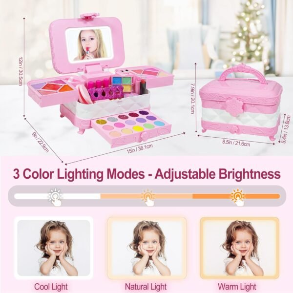 60 in 1 Kids Makeup Kit, with 3-Color Led Makeup Mirror Real Washable Kids Makeup Sets for Girls 5-8, Perfect Girl Birthday Gift, Age 3+